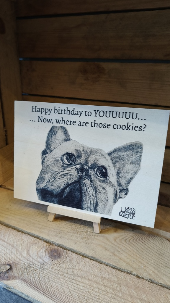 Houten wenskaart (hond), incl houder