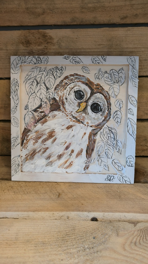 Houten kadertje uil & blaadjes