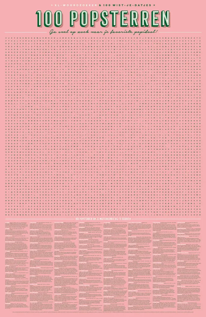 100 Popsterren woordzoeker XL Spelposter
